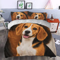 Beagle duvet cover bedding set styled in a bright bedroom with matching dog portrait pillows