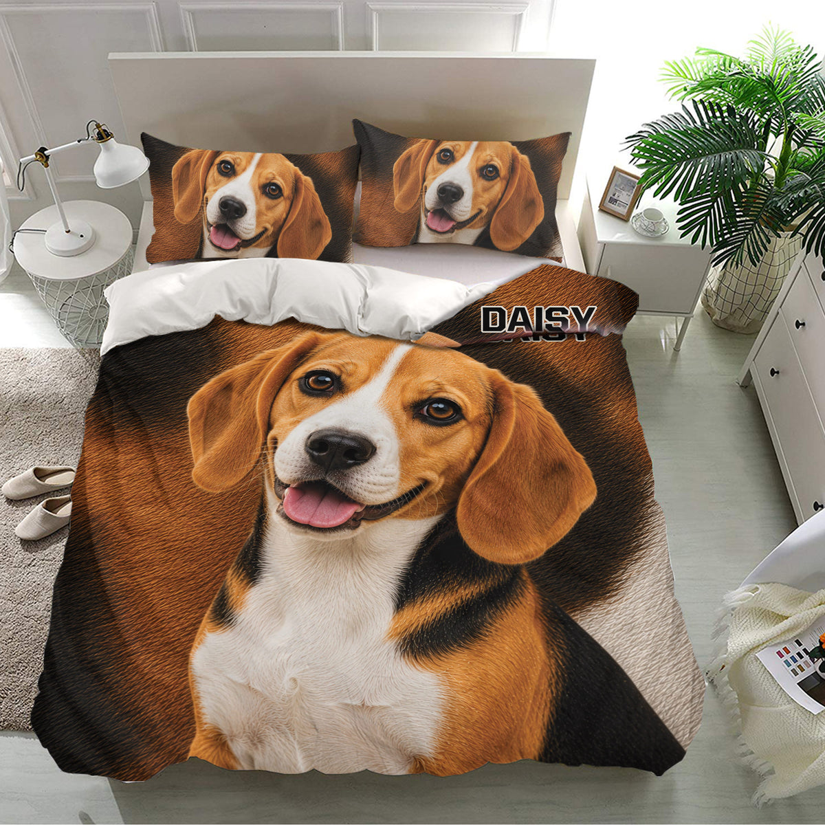 Realistic beagle portrait duvet cover bedding set styled in a modern bedroom