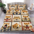 Shiba Inu duvet cover set displayed on a bed with playful dog patchwork artwork and warm bedroom decor