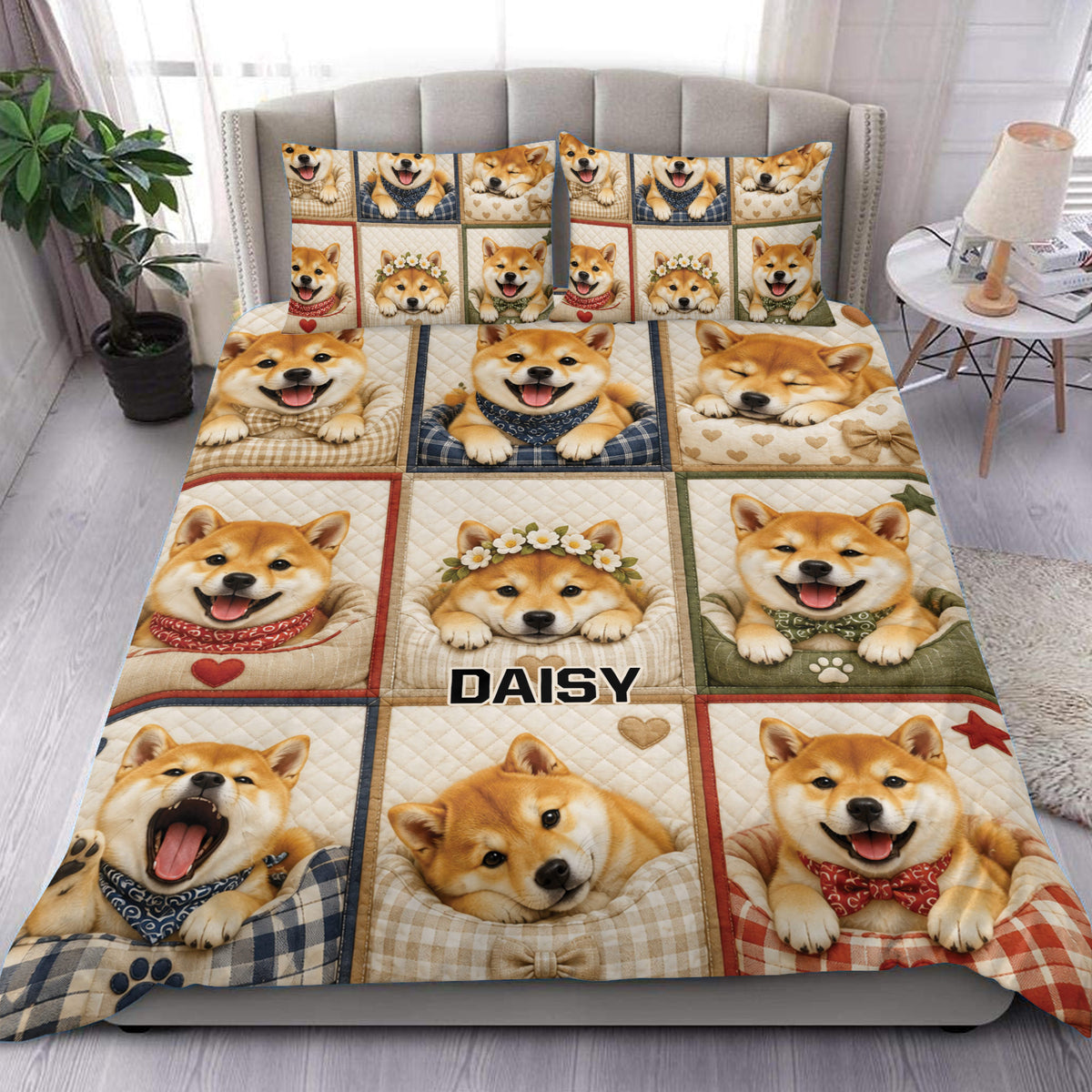Shiba Inu duvet cover set displayed on a bed with playful dog patchwork artwork and warm bedroom decor
