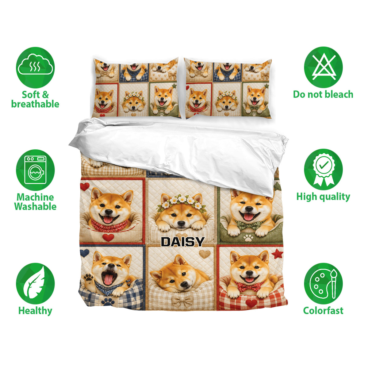 Shiba Inu duvet cover set shown with two printed pillowcases and soft breathable bedding features