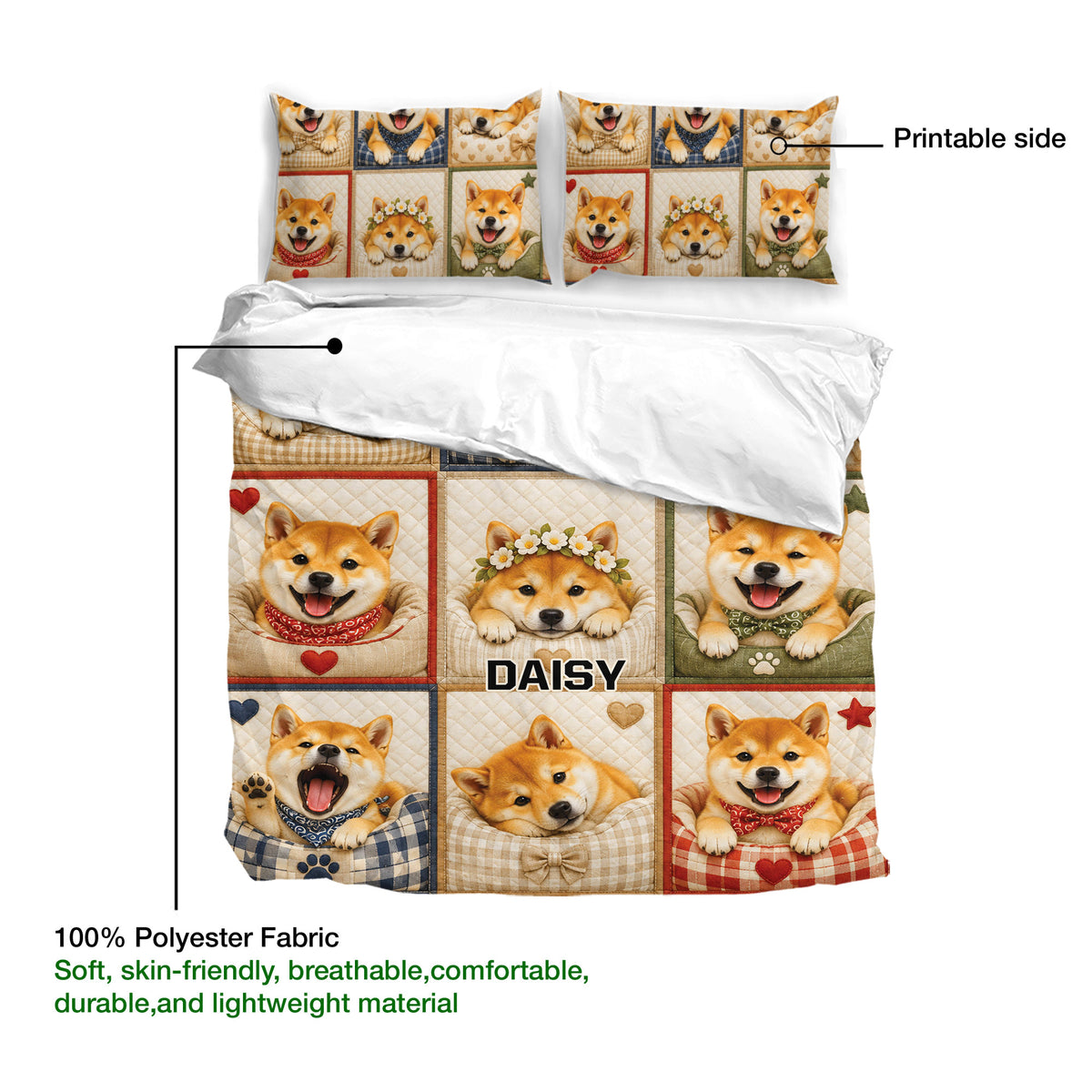 Shiba Inu duvet cover set with printable front and lightweight polyester fabric detail