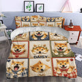 Shiba Inu duvet cover set styled in a bedroom with colorful dog artwork, hearts, flowers and plaid accents