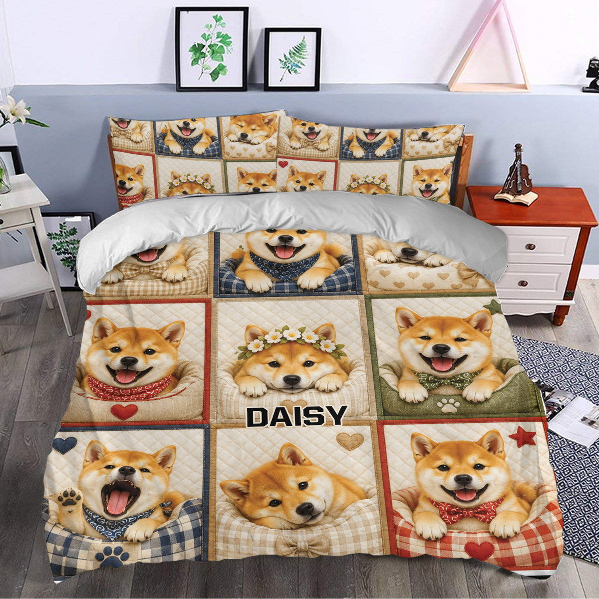 Shiba Inu duvet cover set styled in a bedroom with colorful dog artwork, hearts, flowers and plaid accents