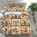 Shiba Inu bedding set shown in a bright bedroom with matching pillowcases and expressive dog artwork