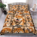 Shiba Inu duvet cover set displayed on a bed with playful dog portraits, paw prints, and warm brown patchwork