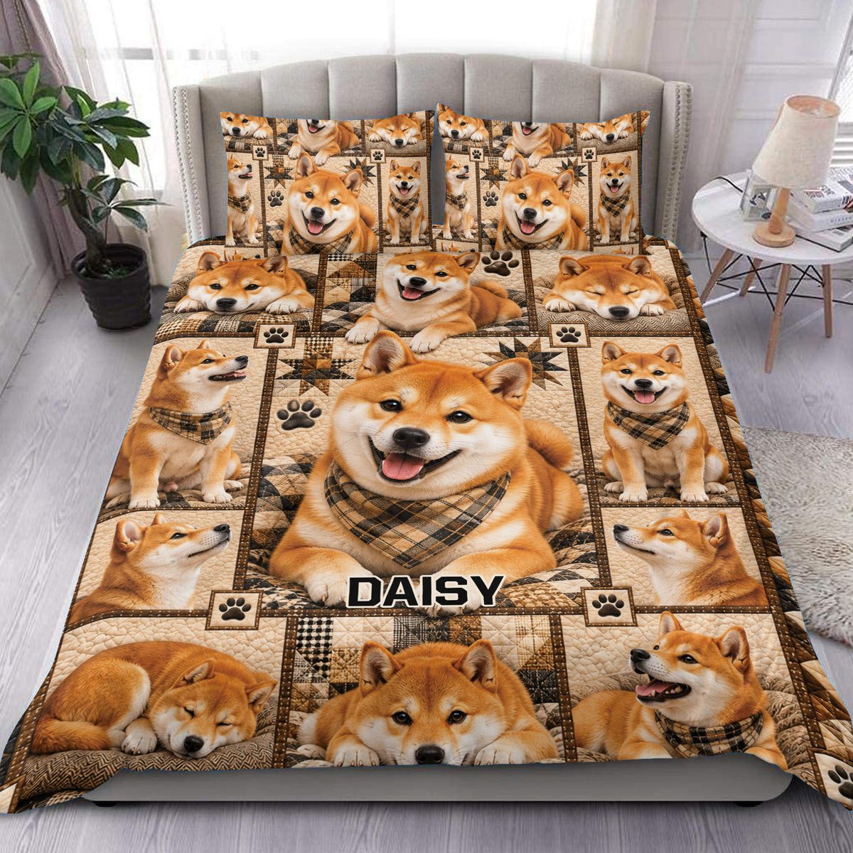 Shiba Inu duvet cover set displayed on a bed with playful dog portraits, paw prints, and warm brown patchwork