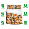 Shiba Inu bedding set with matching pillowcases shown in a full bed presentation and soft breathable fabric guide