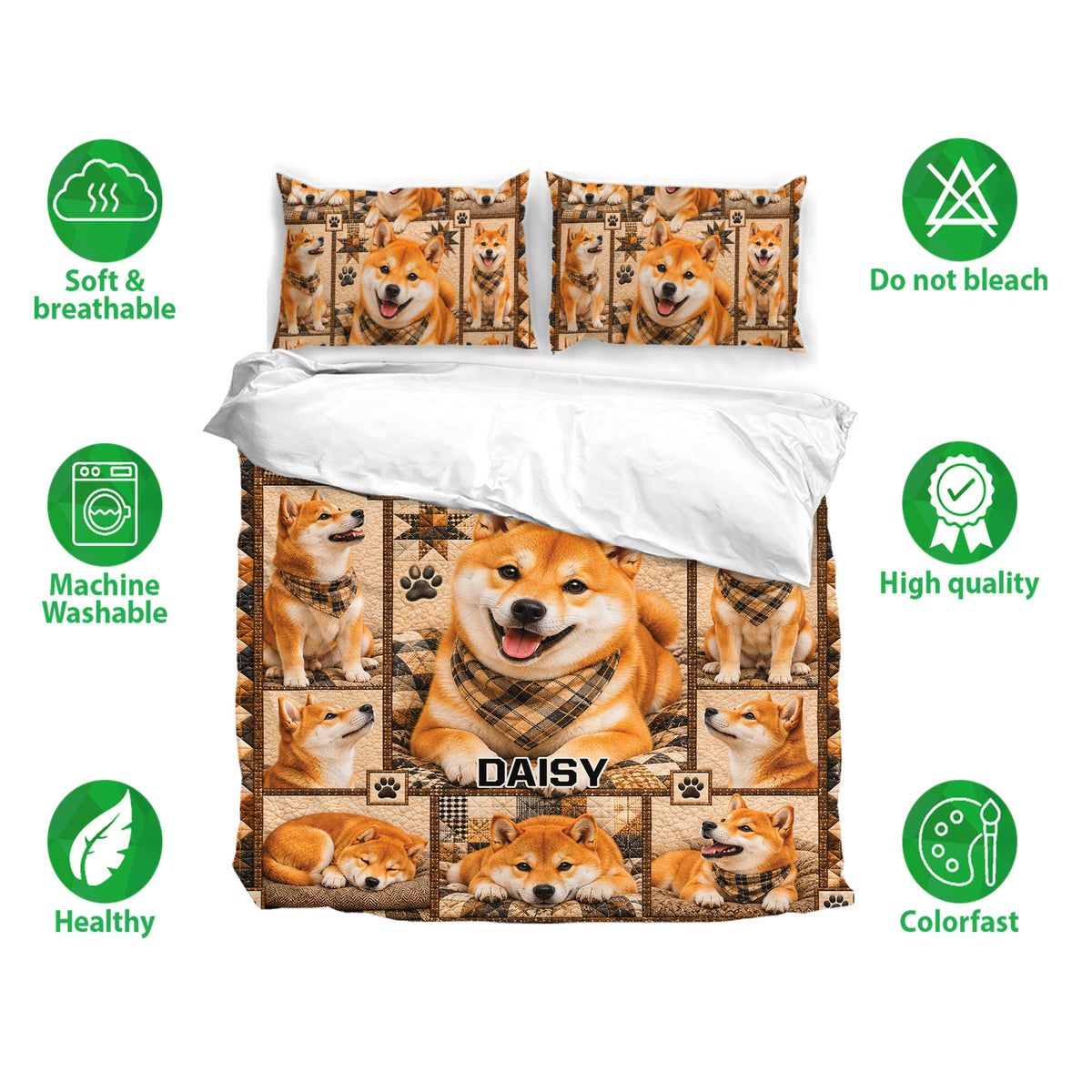 Shiba Inu bedding set with matching pillowcases shown in a full bed presentation and soft breathable fabric guide