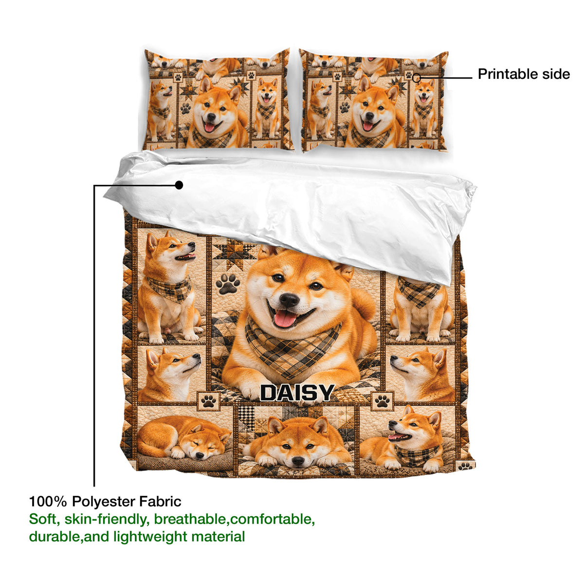 Shiba Inu duvet cover bedding set with matching pillowcases, printable design, and soft polyester fabric detail