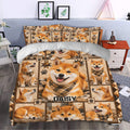 Shiba Inu duvet cover set styled in a bedroom with cheerful dog portraits, paw prints, and rustic patchwork tones