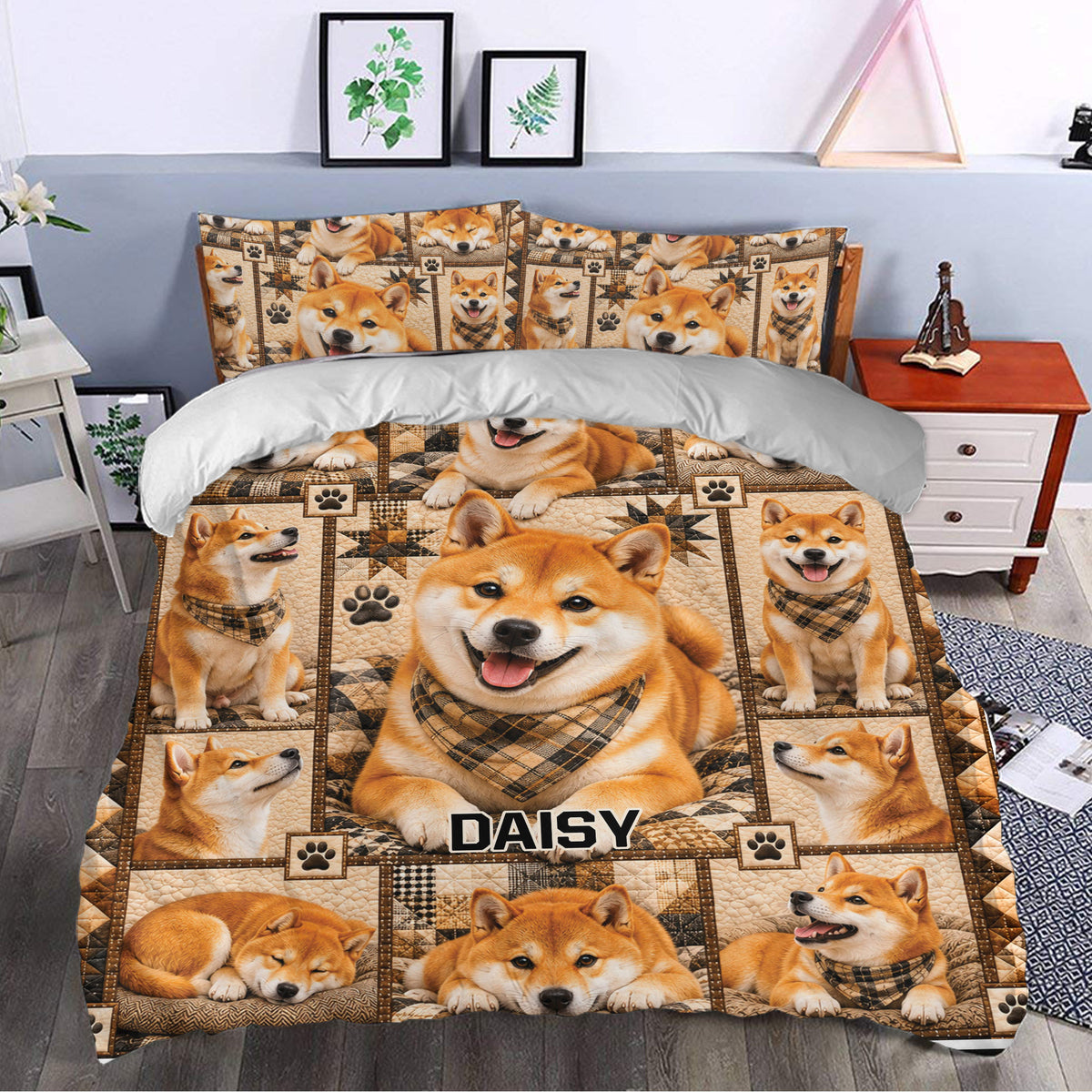 Shiba Inu duvet cover set styled in a bedroom with cheerful dog portraits, paw prints, and rustic patchwork tones