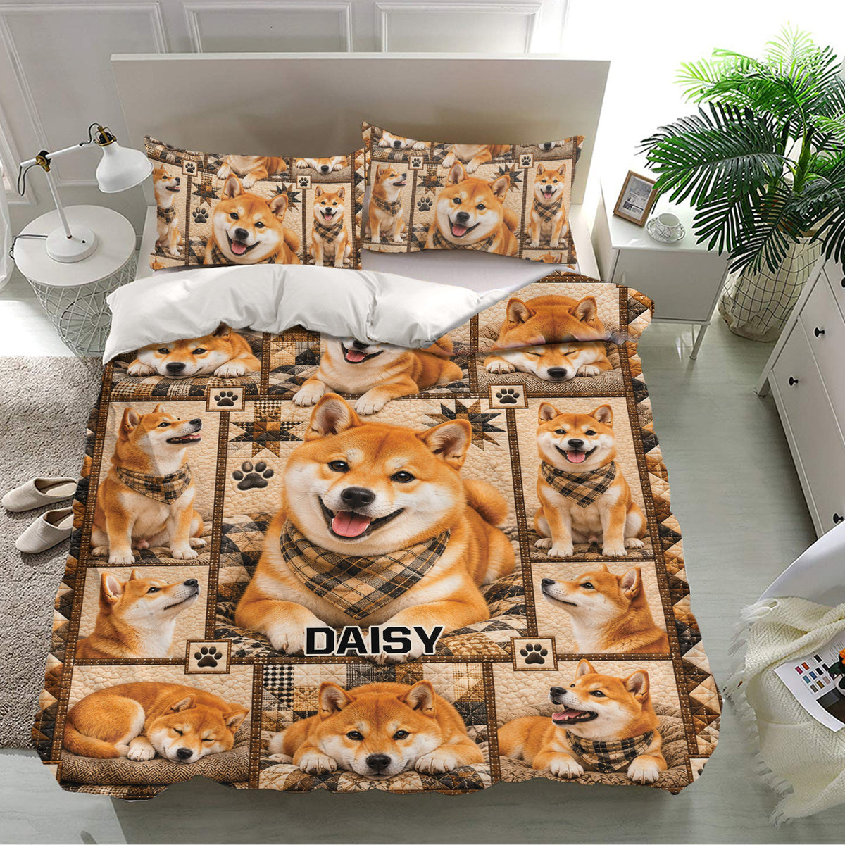 Shiba Inu bedding set shown in a bright bedroom with matching pillowcases and a warm dog portrait pattern