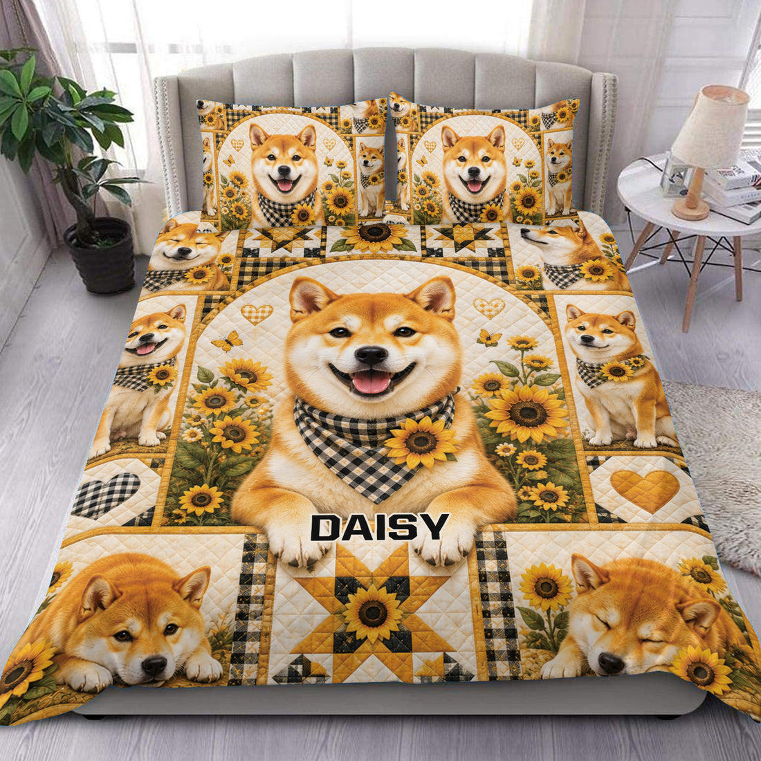 Shiba Inu duvet cover with sunflower artwork and multiple smiling dogs in a bright bedroom