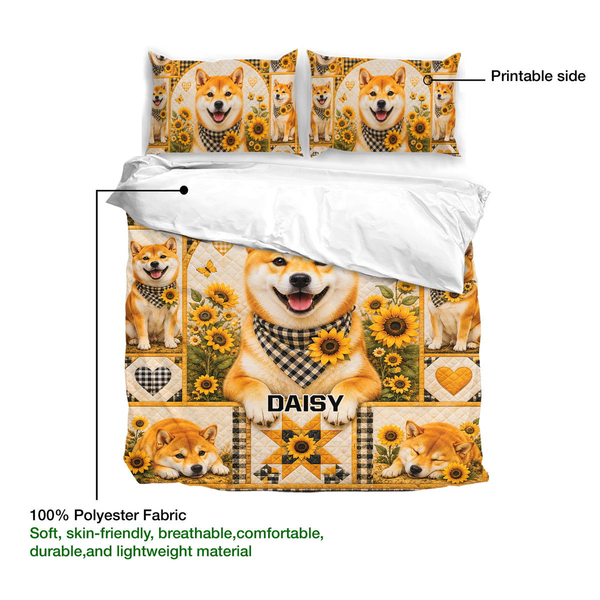 Shiba Inu duvet cover bedding set showing the printable side and soft polyester fabric detail