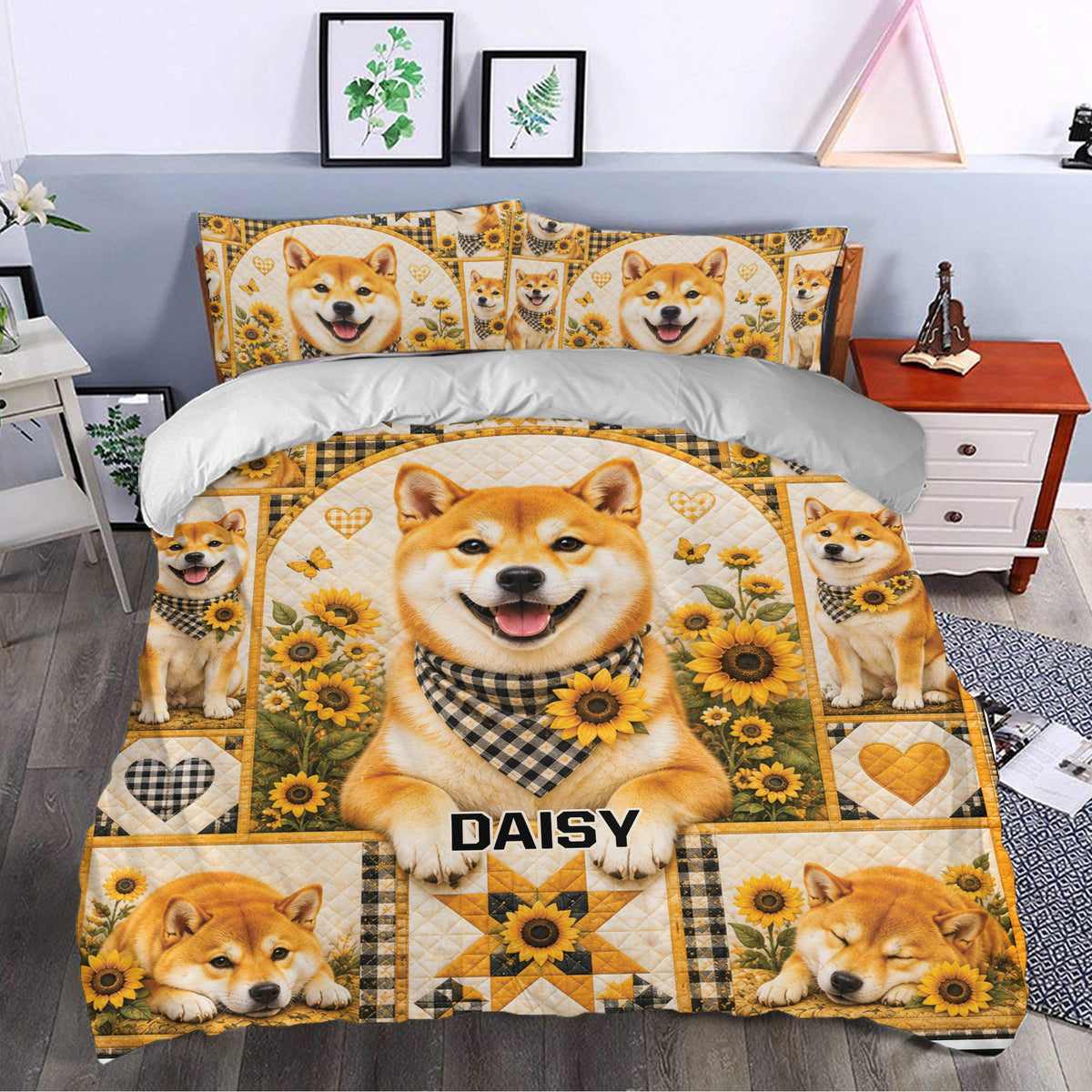 Shiba Inu duvet cover styled in a bedroom with sunflower artwork and warm golden tones