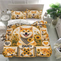 Shiba Inu bedding set displayed in a bright bedroom with matching pillowcases and sunflower scenes