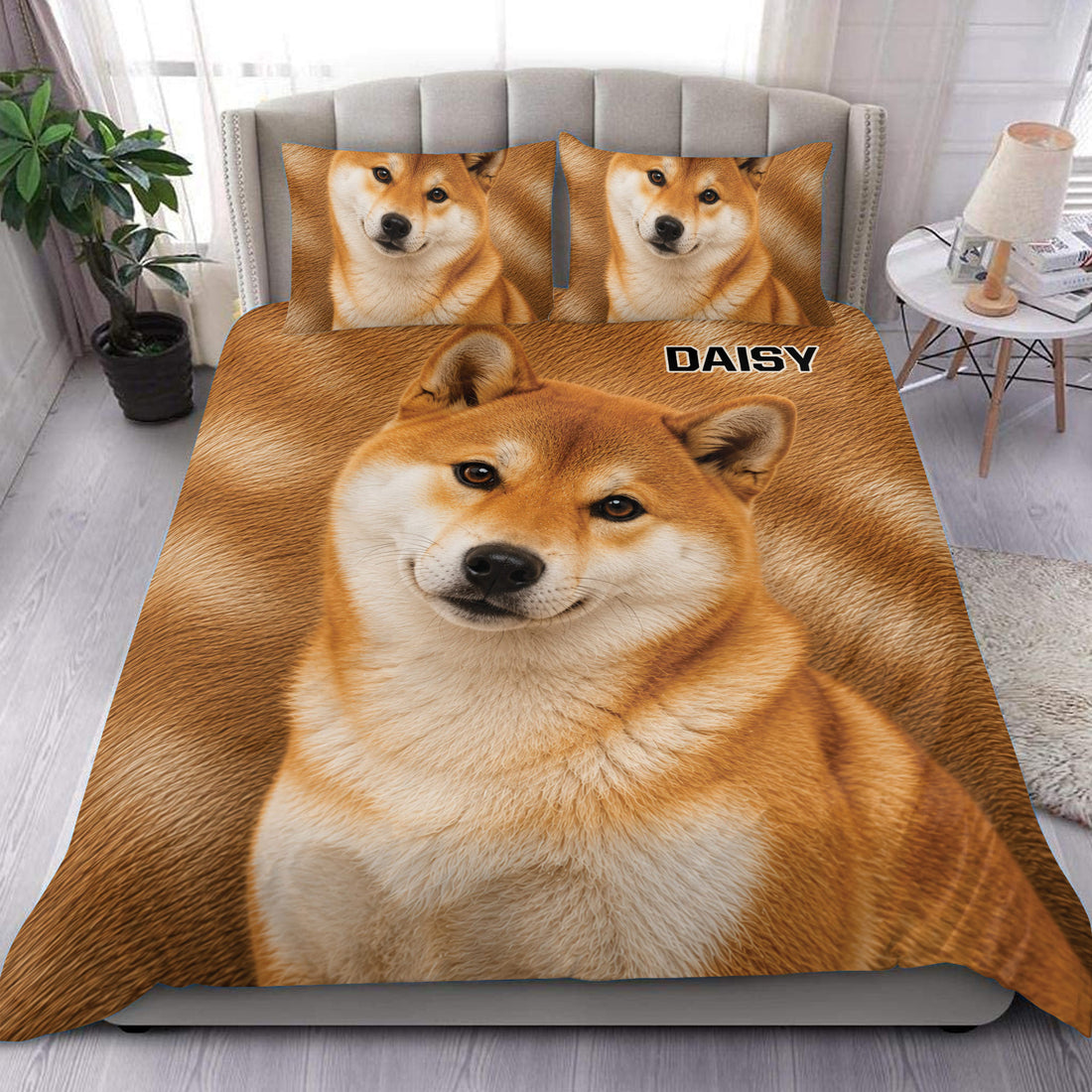 Shiba Inu duvet cover set displayed on a bed with a large realistic dog portrait and matching pillowcases
