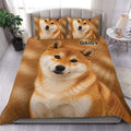 Shiba Inu duvet cover set displayed on a bed with a large realistic dog portrait and matching pillowcases