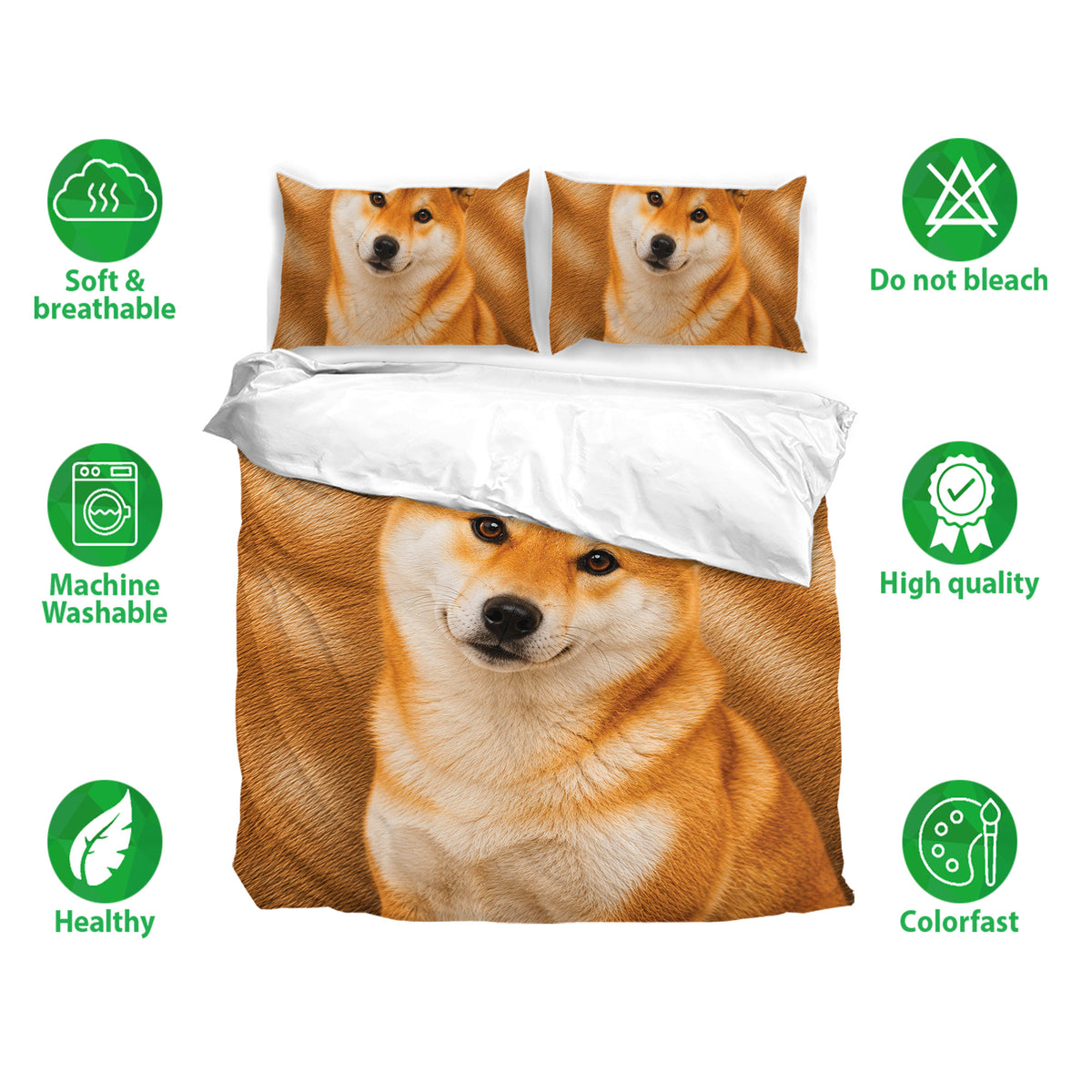 Shiba Inu bedding set shown with matching dog portrait pillowcases and a warm rust orange design