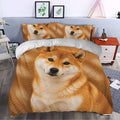 Shiba Inu duvet cover bedding set styled in a modern bedroom with matching portrait pillowcases