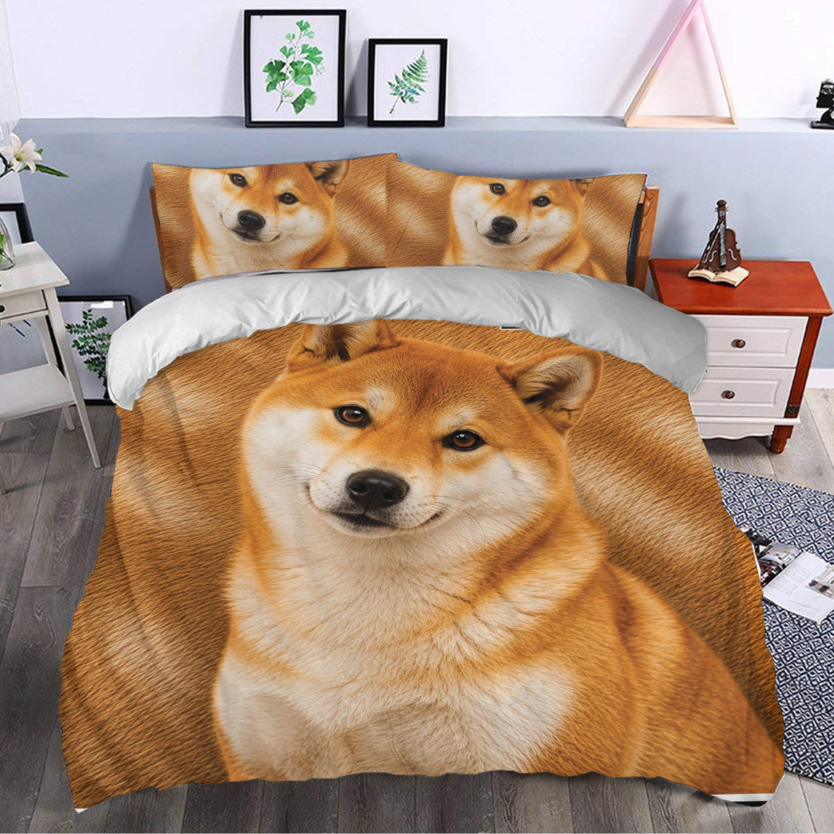 Shiba Inu duvet cover bedding set styled in a modern bedroom with matching portrait pillowcases