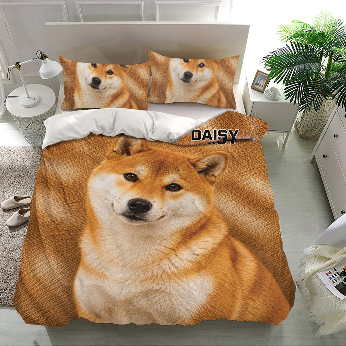 Shiba Inu bedding set displayed in a bright bedroom with a large realistic dog face design