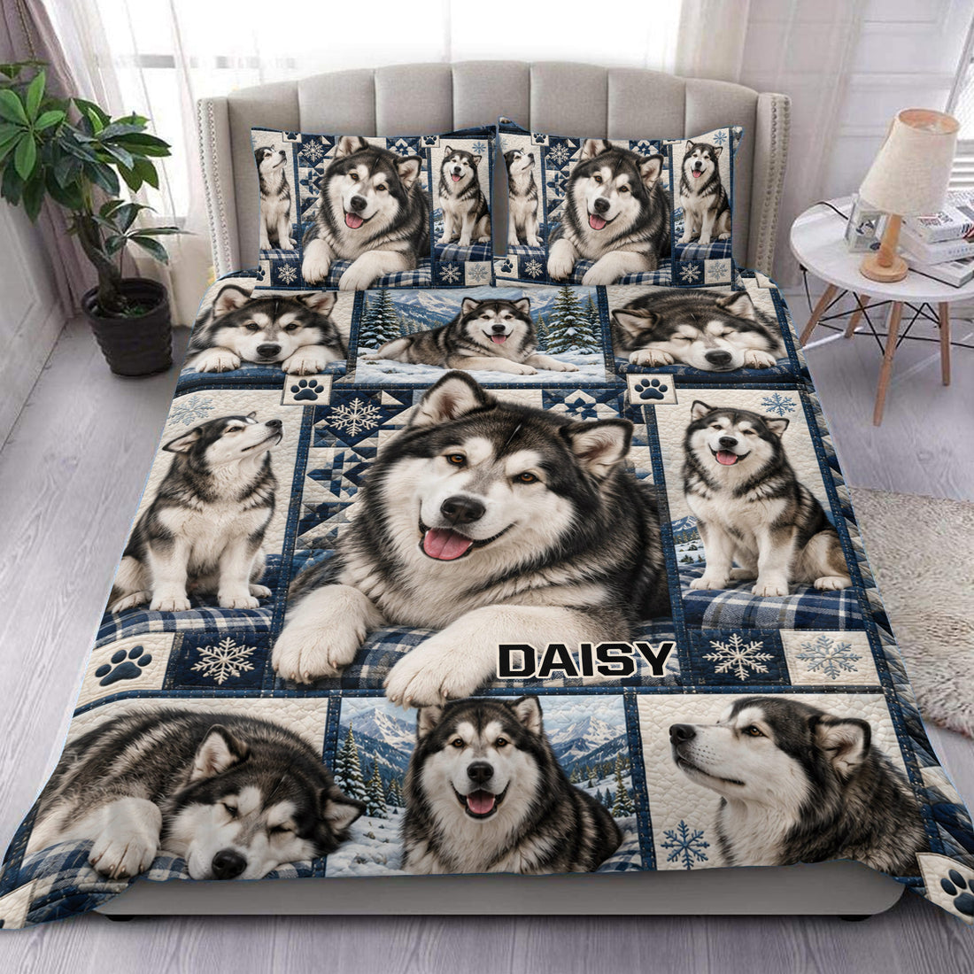 Custom Alaskan Malamute duvet cover set displayed on a bed with blue winter mountain artwork