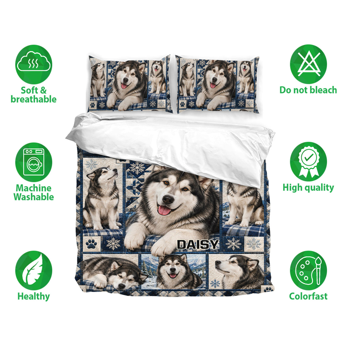 Alaskan Malamute duvet cover bedding set with matching pillowcases and soft breathable fabric features