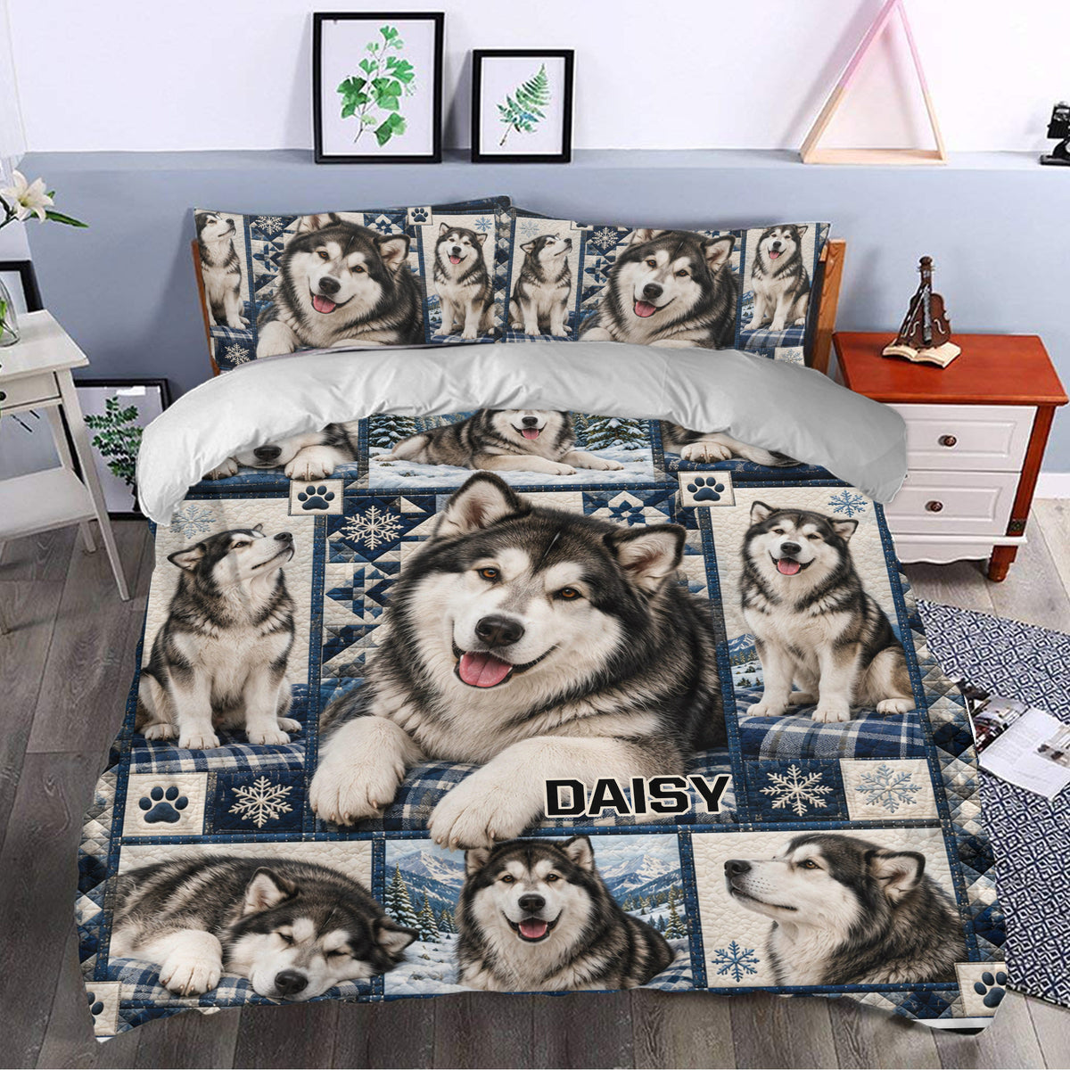 Alaskan Malamute bedding set styled in a bedroom with snowy mountain scenes and blue patchwork details