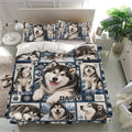 Alaskan Malamute duvet cover and pillowcases displayed in a bright bedroom with winter-inspired artwork