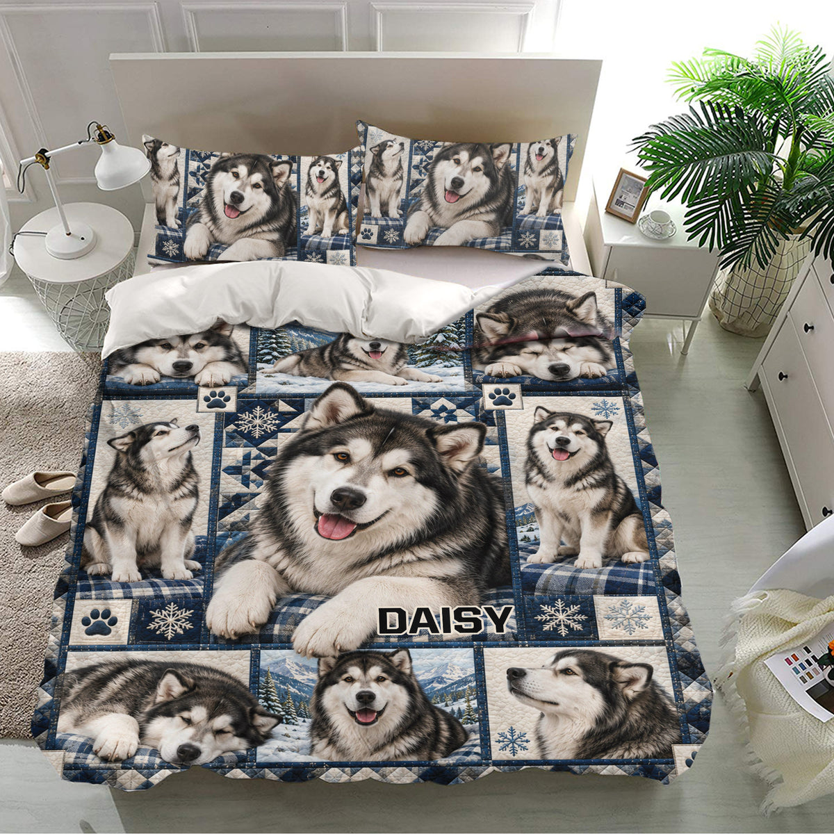 Alaskan Malamute duvet cover and pillowcases displayed in a bright bedroom with winter-inspired artwork