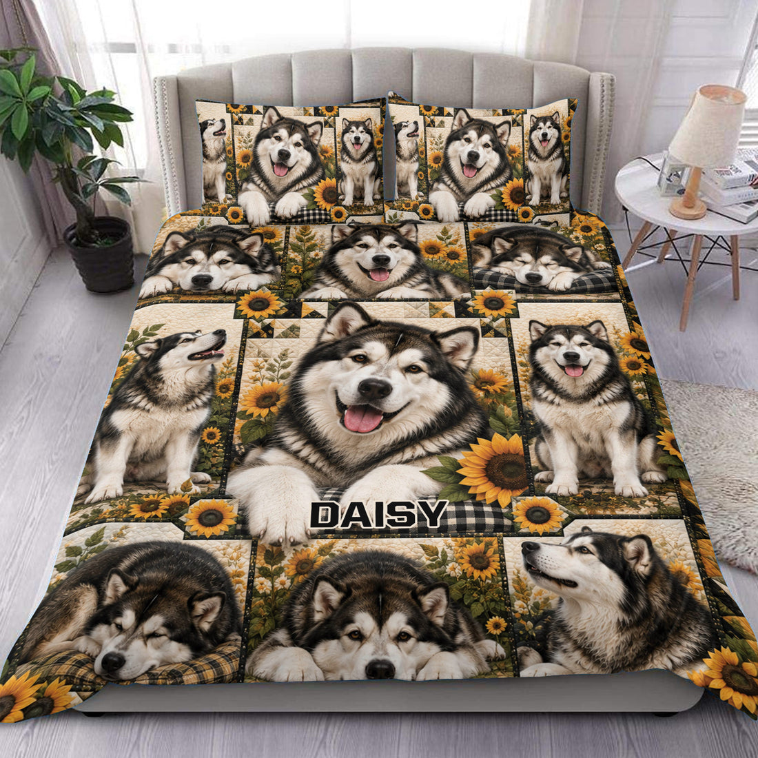 Alaskan Malamute duvet cover set displayed on a bed with sunflower artwork and matching pillowcases