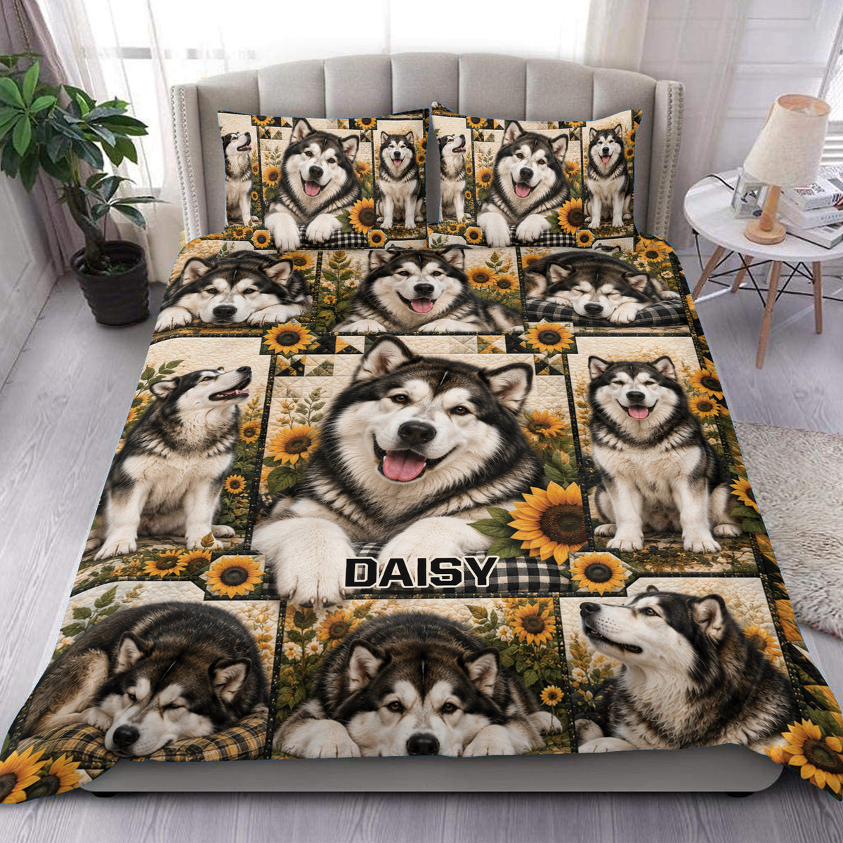 Alaskan Malamute duvet cover set displayed on a bed with sunflower artwork and matching pillowcases