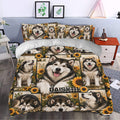 Alaskan Malamute duvet cover bedding displayed in a bright bedroom with sunflower dog artwork