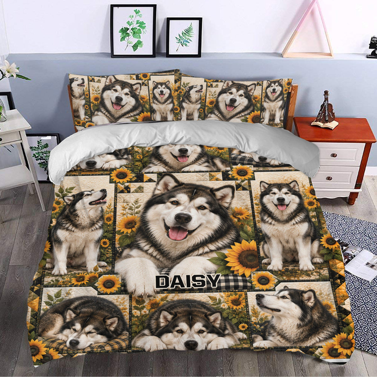Alaskan Malamute duvet cover bedding displayed in a bright bedroom with sunflower dog artwork