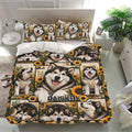 Alaskan Malamute bedding set styled in a modern bedroom with matching dog and sunflower artwork