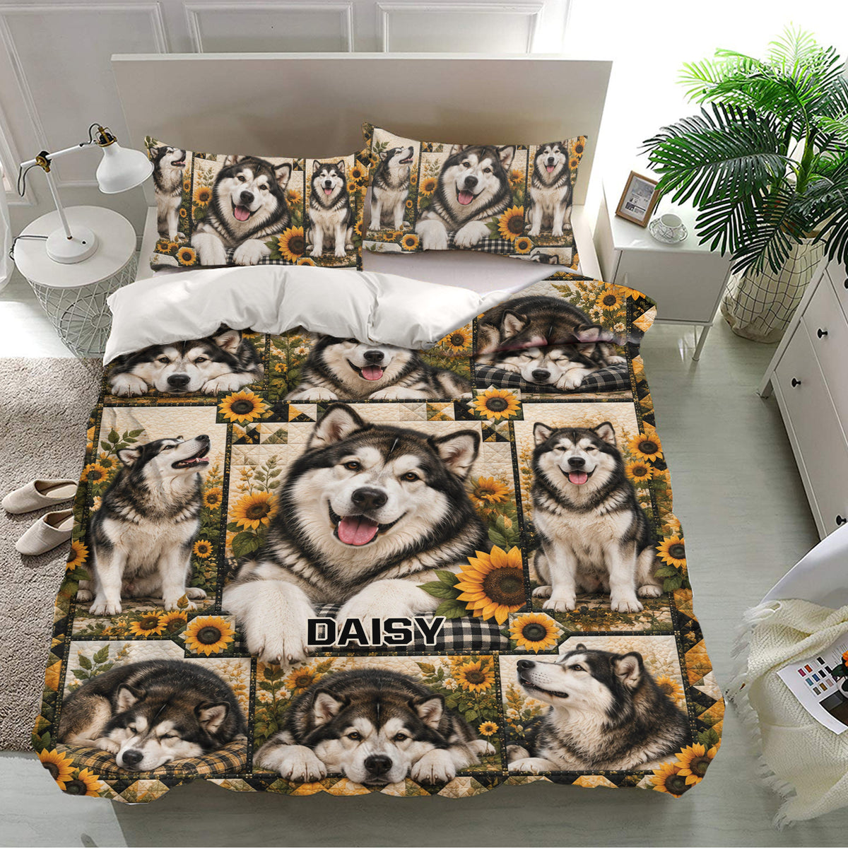 Alaskan Malamute bedding set styled in a modern bedroom with matching dog and sunflower artwork