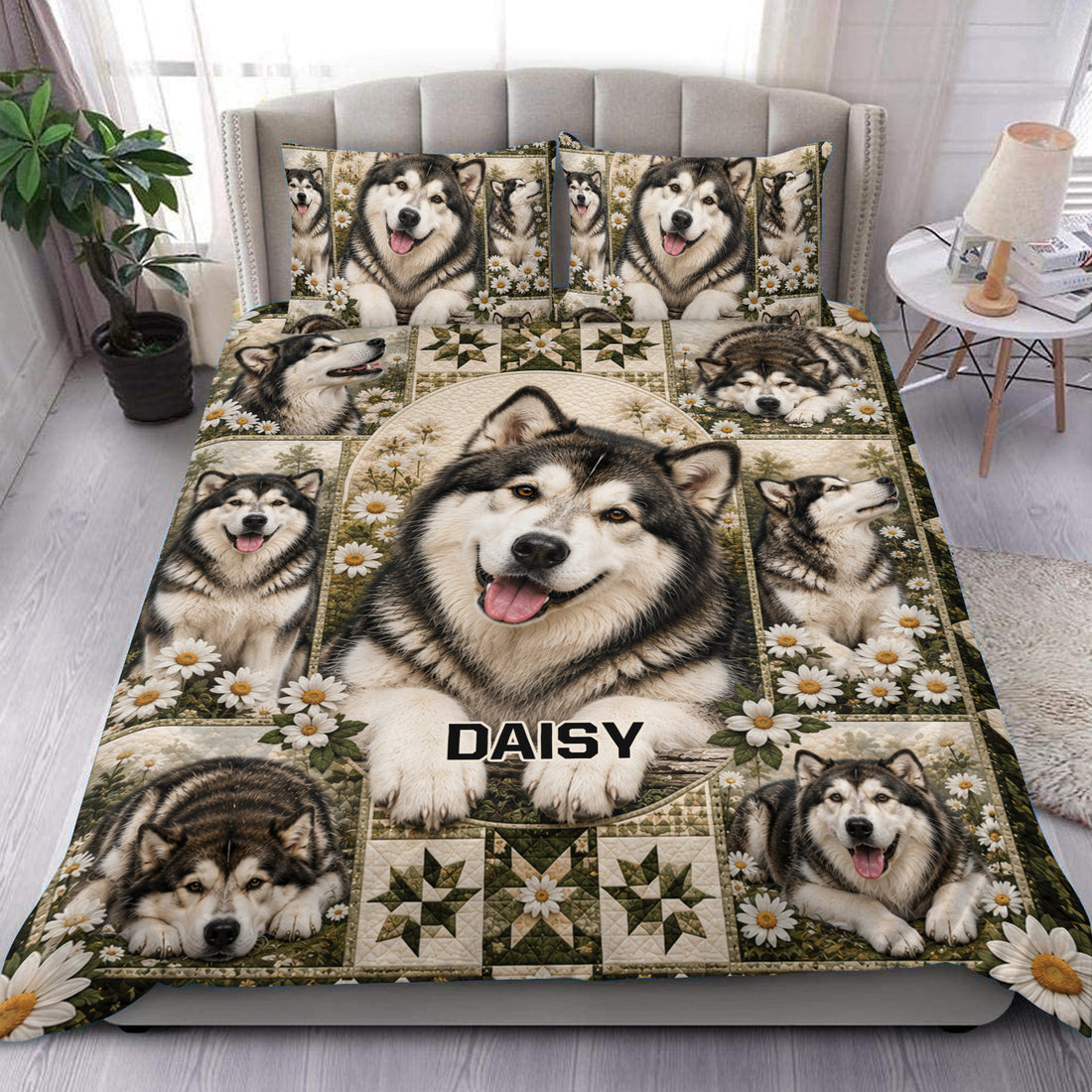 Alaskan Malamute duvet cover set displayed on a bed with multiple dogs, daisies, and rustic green patchwork