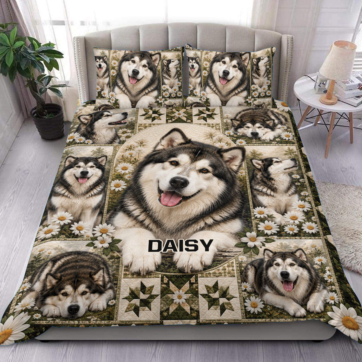 Alaskan Malamute duvet cover set displayed on a bed with multiple dogs, daisies, and rustic green patchwork