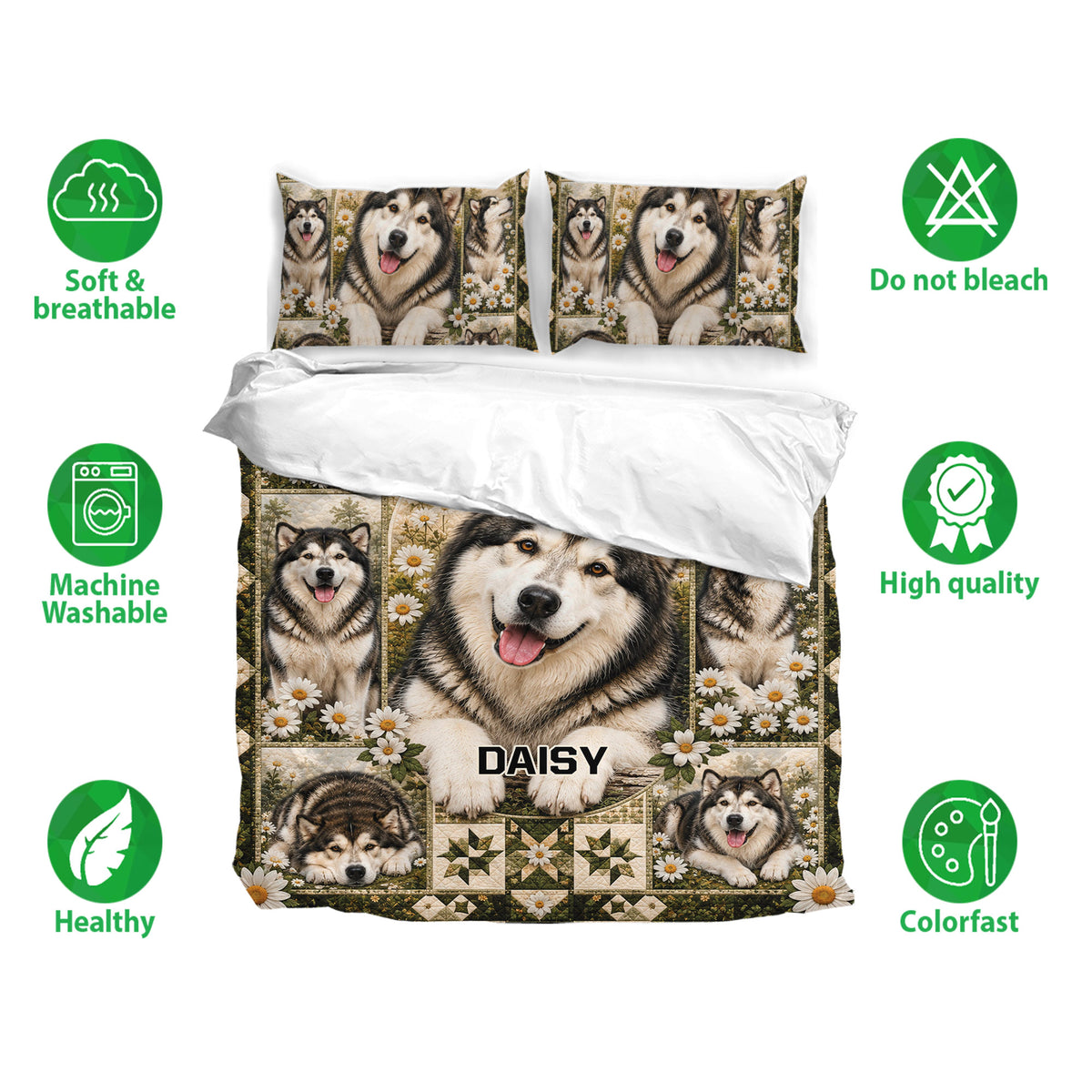Alaskan Malamute bedding set with matching pillowcases, daisy artwork, and breathable washable fabric highlights