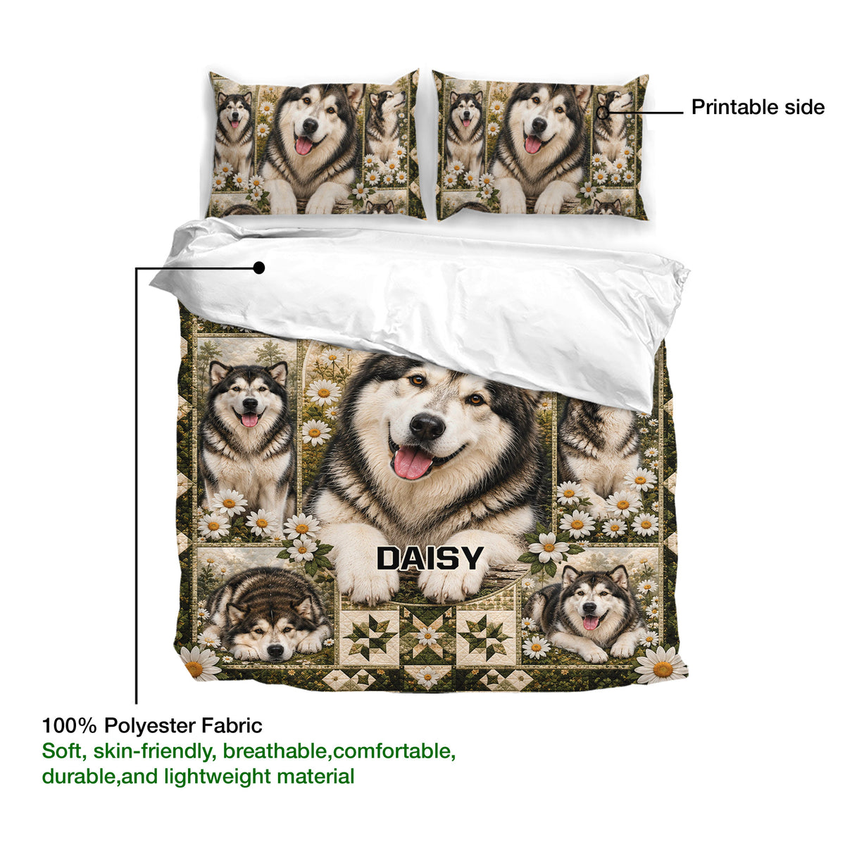 Alaskan Malamute duvet cover set showing the printable side, fabric detail, and matching dog artwork