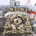 Alaskan Malamute duvet cover featuring a large dog portrait, daisies, and rustic bedroom decor