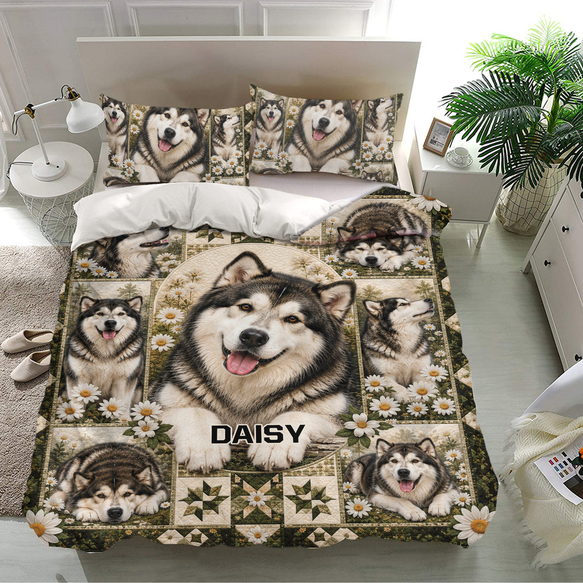 Alaskan Malamute bedding set styled in a bright bedroom with matching pillowcases and floral dog artwork