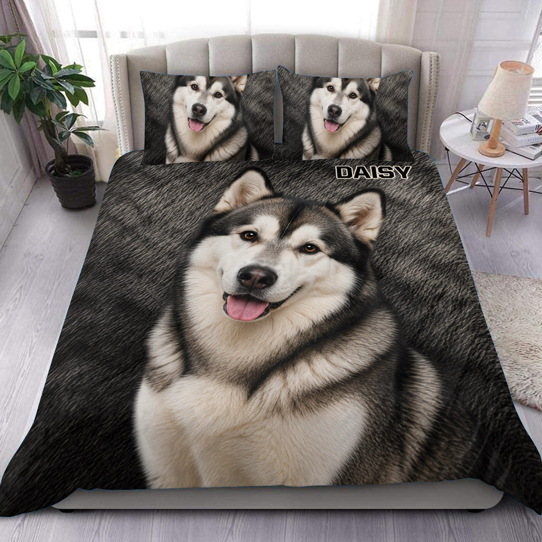 Alaskan Malamute duvet cover set displayed on a modern bed with matching portrait pillowcases