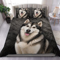 Alaskan Malamute duvet cover set displayed on a modern bed with matching portrait pillowcases