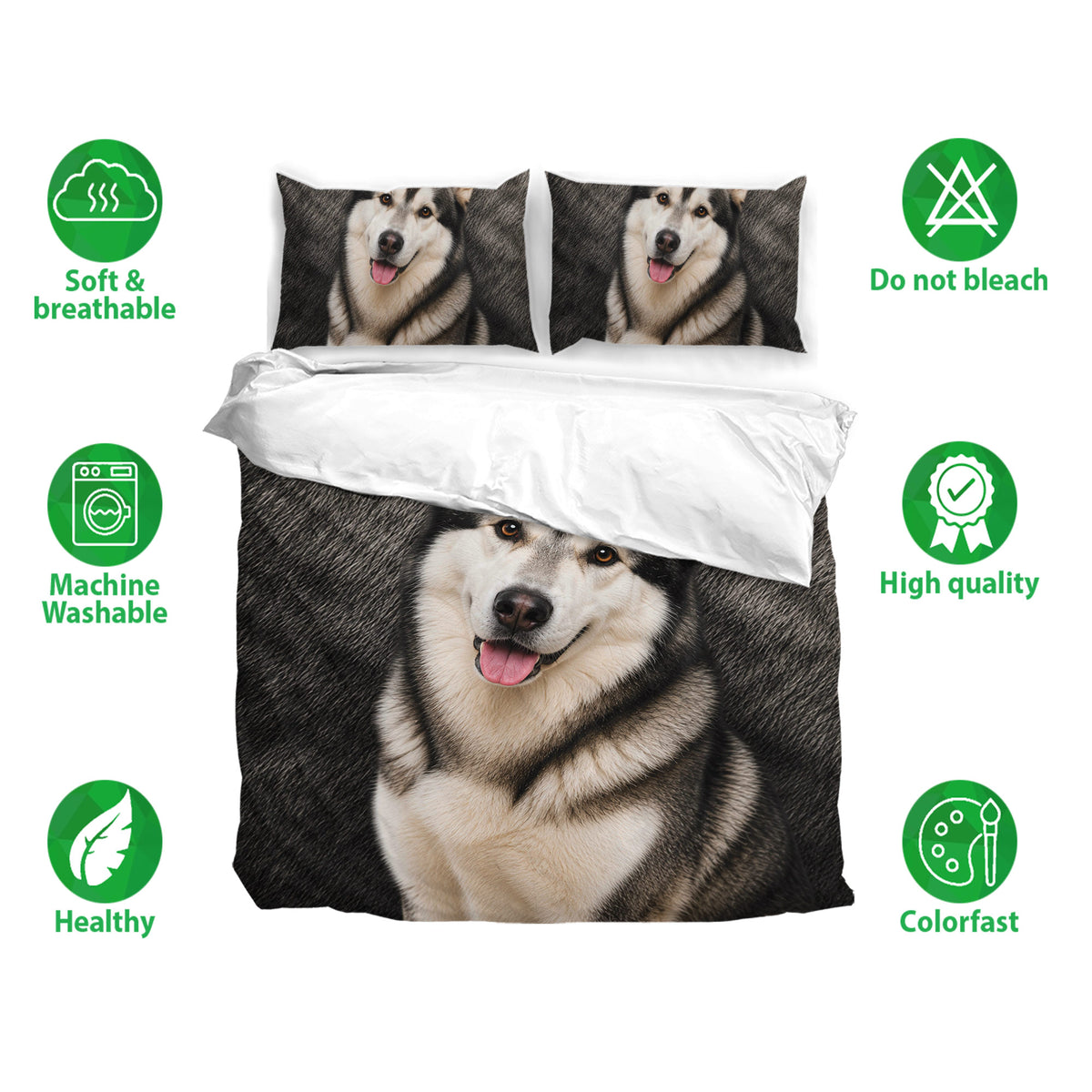 Alaskan Malamute bedding set shown with a large dog portrait and soft breathable fabric icons
