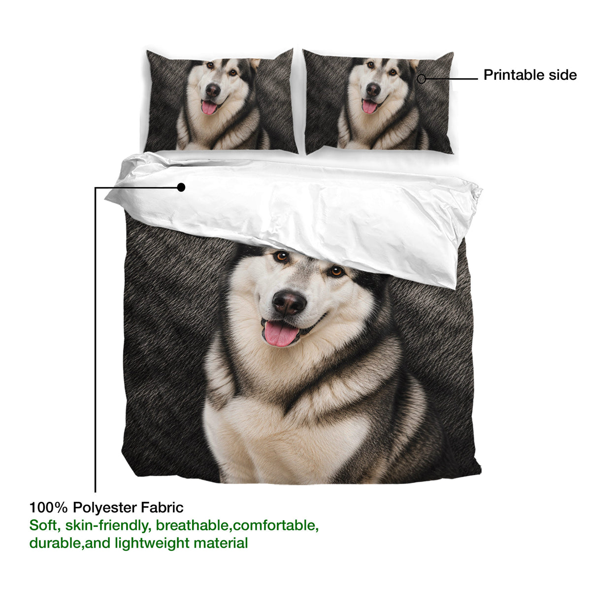Alaskan Malamute duvet cover bedding set showing the printed side and polyester fabric detail