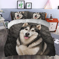 Alaskan Malamute duvet cover set styled in a bright bedroom with matching portrait pillows