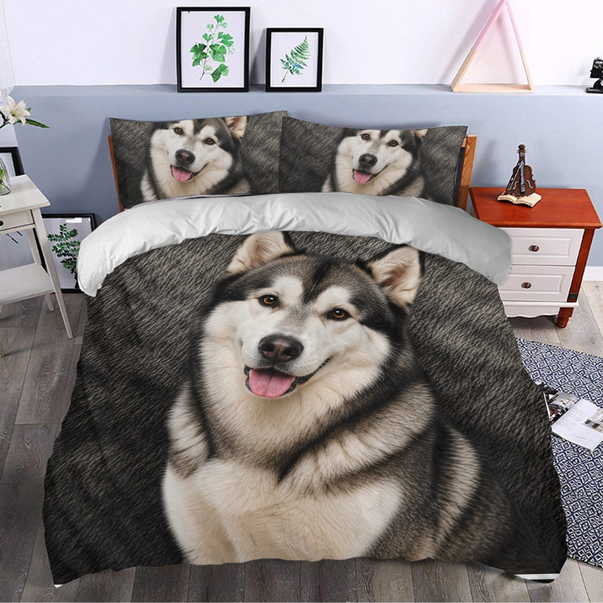 Alaskan Malamute duvet cover set styled in a bright bedroom with matching portrait pillows